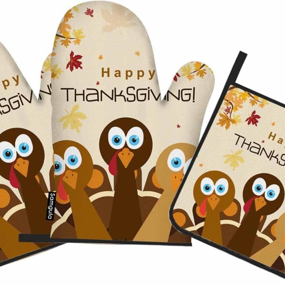 Thanksgiving Turkey Oven Mitts and Pot Holders Sets Maple Happy Holiday Heat Res